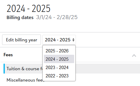 Billing year selector on Billing years page